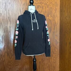 Hollister Hoodie XS Black Floral Sleeve Embroidered Pullover Sweatshirt
